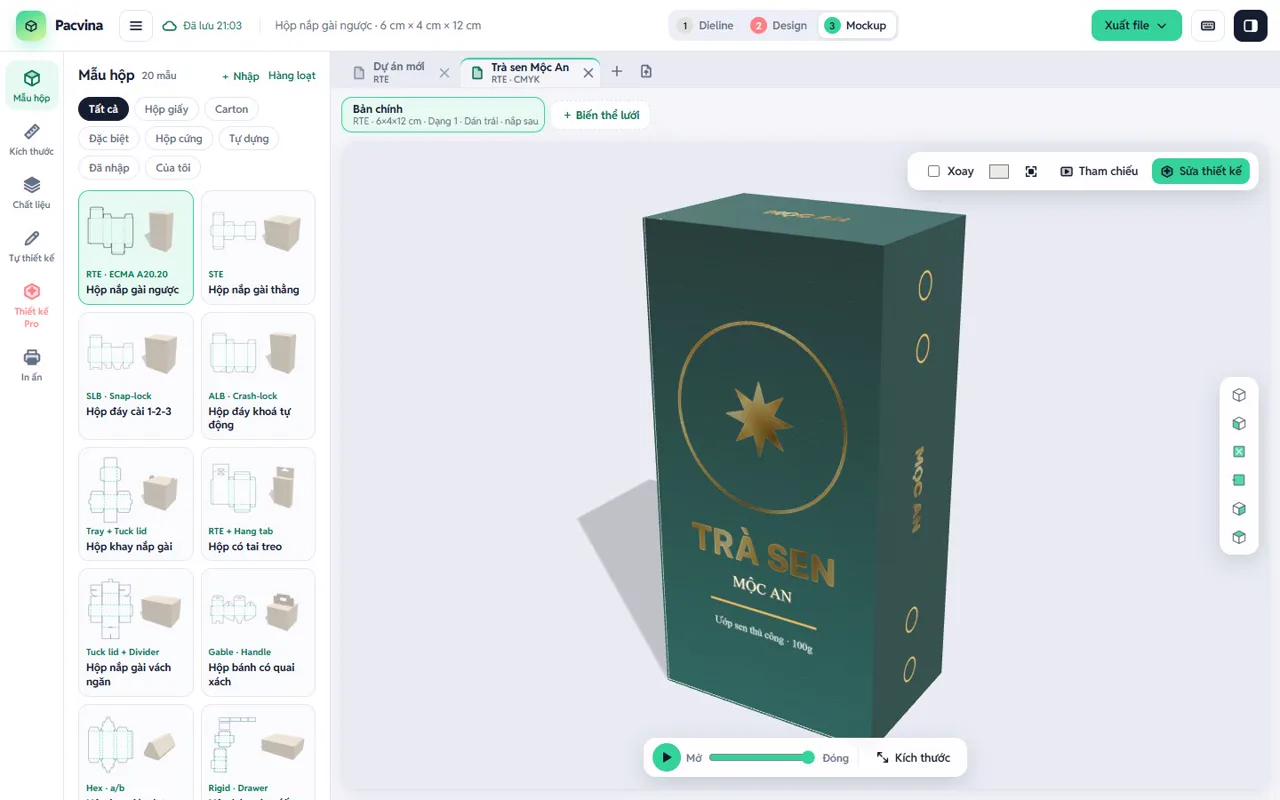Mockup 3D hộp trà ép kim